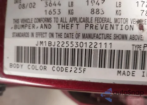 2003 Mazda Protege Dx/Es/Lx z USA, uszkodzony, nr VIN JM1BJ225530122111